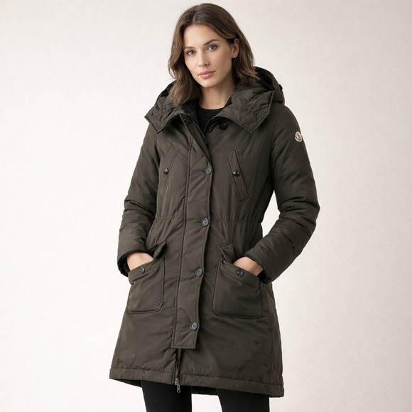 Moncler Women's Down Parka Coat Size 2 Dark Olive Green Hooded DIST Auth